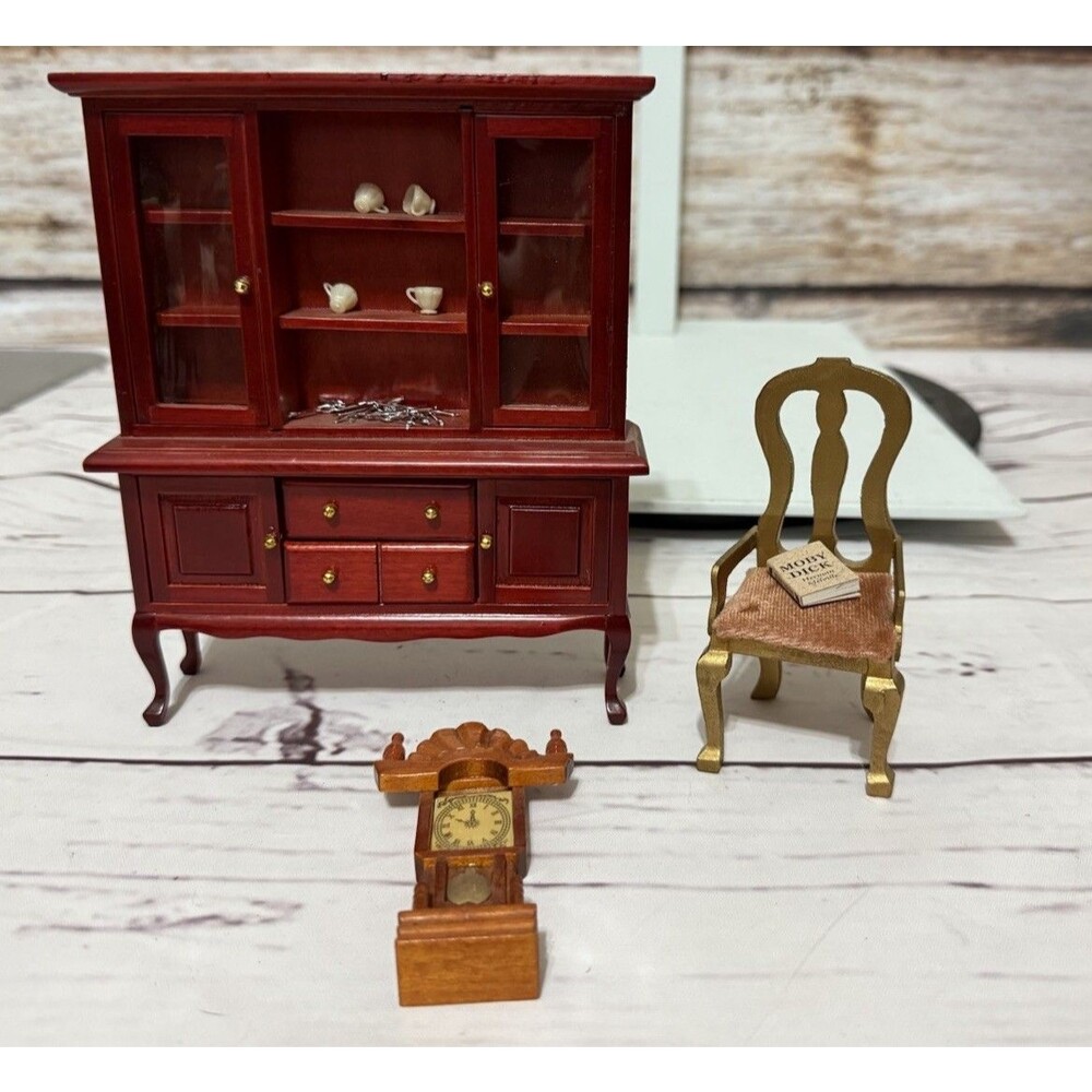 Vintage Dollhouse Miniature Wood Cherry Finish Cabinet Chair And Clock Plus More